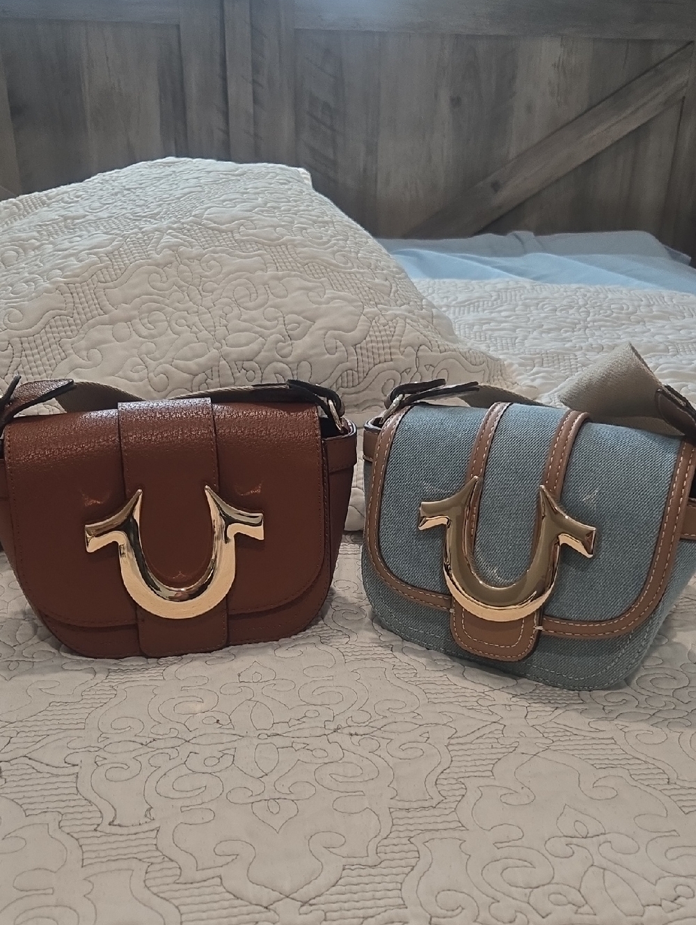 True Religion Brown and Light Blue Crossbody Duo with Gold Hardware